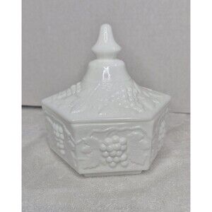 Vintage Imperial Glass Milk Glass Covered 6 Sided Candy Trinket Box Grapes